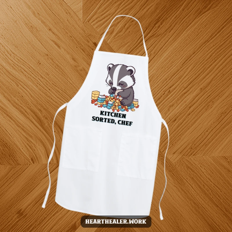 Funny Kawaii Badger Apron: A cute badger sorting items, adding neatness and funny charm to kitchen activities. Great funny gift.