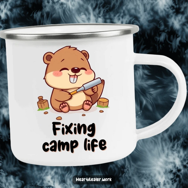 Funny Kawaii Beaver Camping Mug: A cute beaver fixing, perfect for outdoor enjoyment with handy humor. Ideal funny gift.