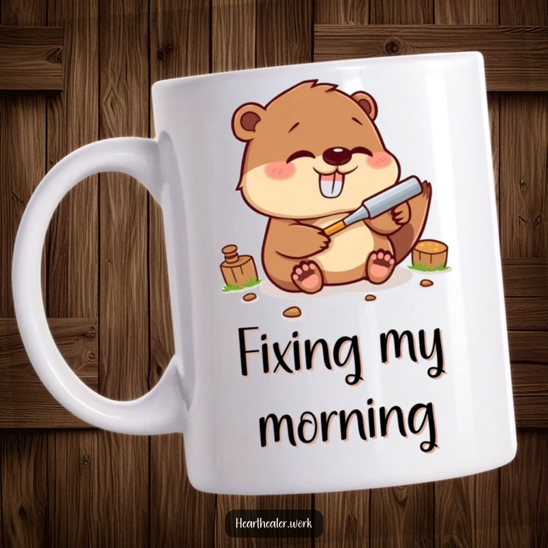 Funny Kawaii Beaver Mug: A giggling beaver skillfully fixes something, radiating joy and humor. Perfect funny gift.