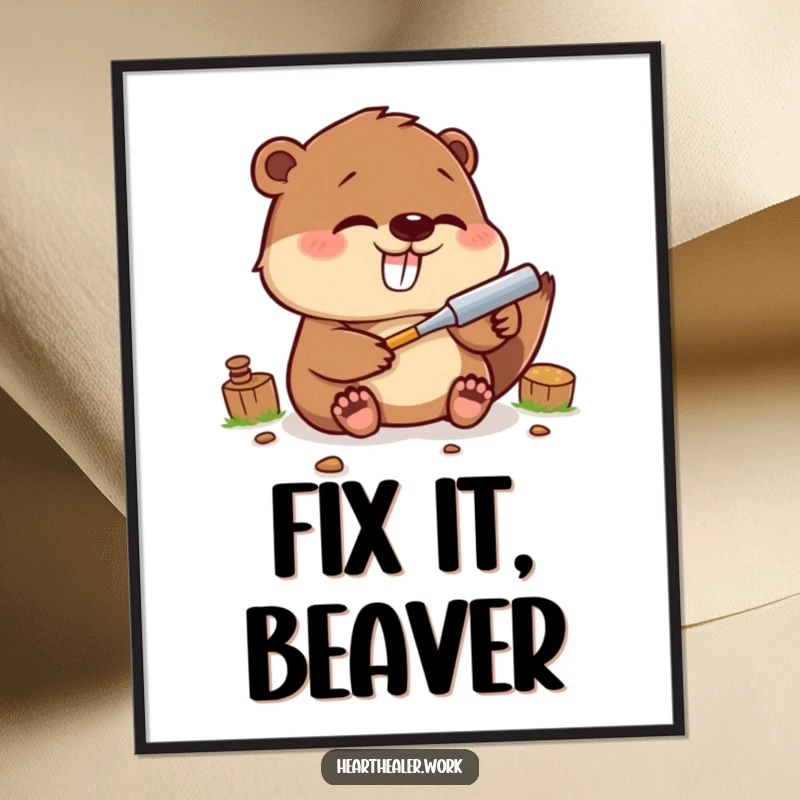 Funny Kawaii Beaver Poster: A cute beaver fixing with a tool, radiating joy and funny craftsmanship. Excellent funny gift.