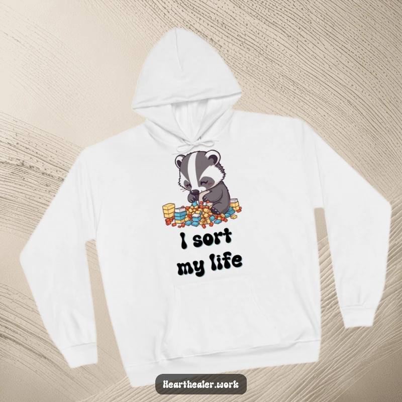 Funny Kawaii Badger Hoodie: A studious badger meticulously sorting, bringing cozy humor and organization. Ideal funny gift.