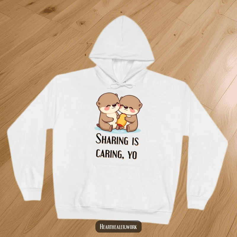 Funny Kawaii Otter Hoodie: A heartwarming scene of an otter sharing, symbolizing friendship and humor. Ideal funny gift.