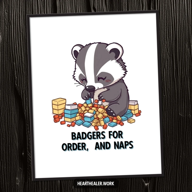 Funny Free Printable Wall Art: Diligent kawaii badger sorting items into neat piles, adding organized charm to any room.