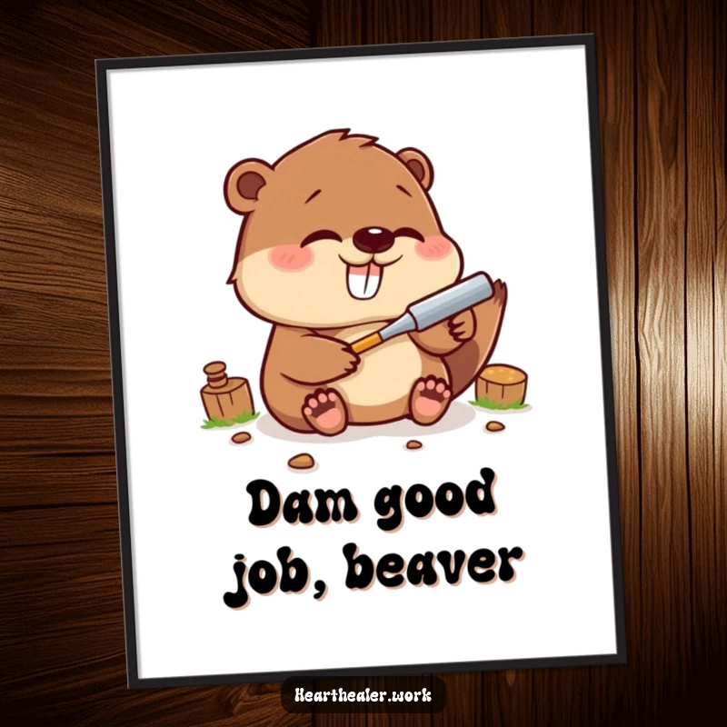 Funny Free Printable Wall Art: Giggling kawaii beaver using a tool to fix something, bringing industrious and cheerful vibes home.