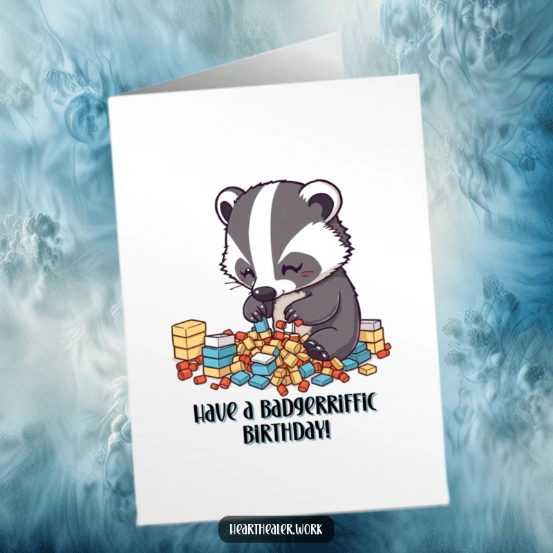 Funny Free Printable Birthday Card: Diligent kawaii badger sorting items into neat piles, celebrating birthdays with organized cheer.