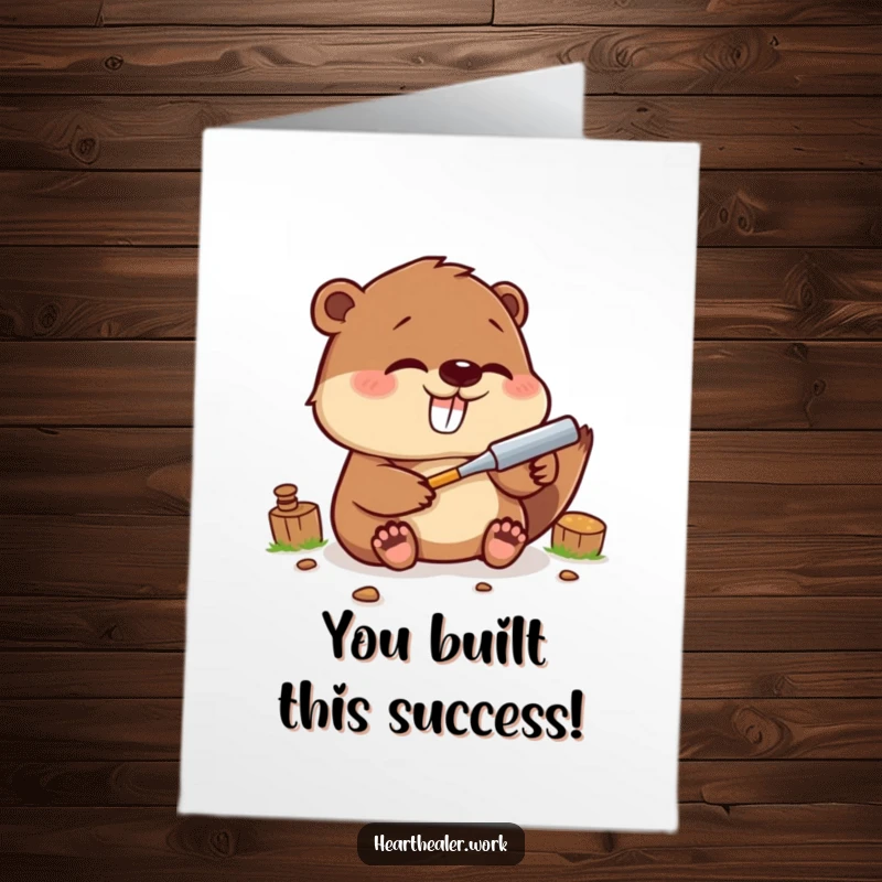 Funny Free Printable Congratulations Card: Giggling kawaii beaver using a tool to fix something, celebrating achievements with playful energy.