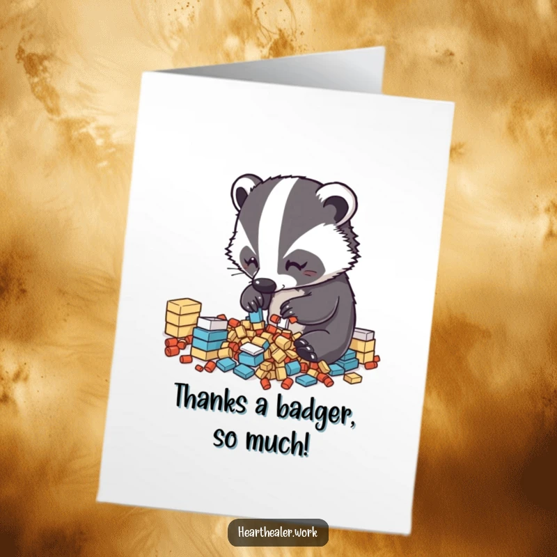 Funny Free Printable Thank You Card: Diligent kawaii badger sorting items into neat piles, sending organized thanks with a smile.