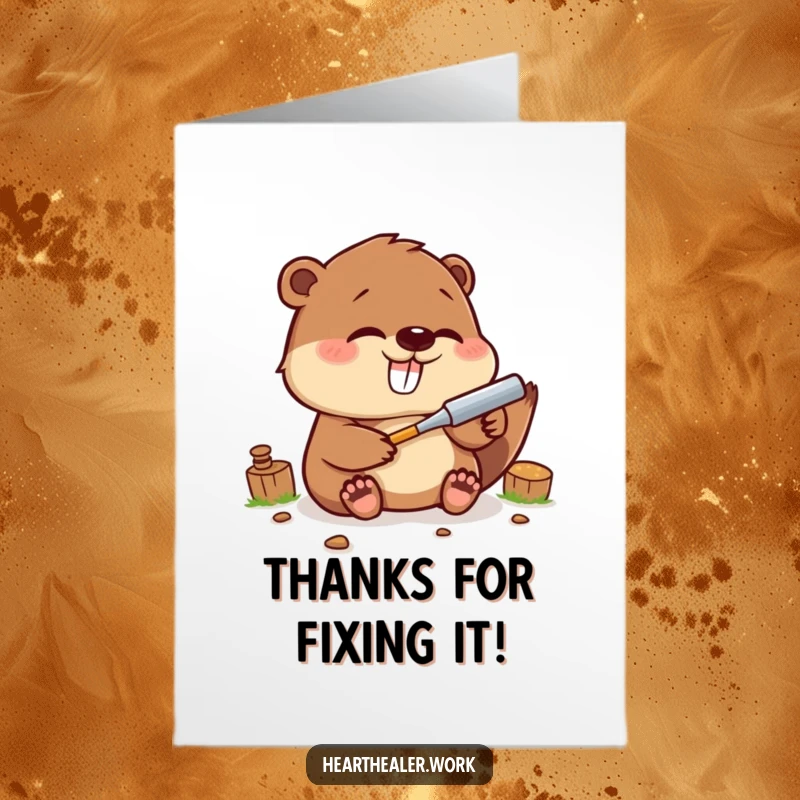 Funny Free Printable Thank You Card: Giggling kawaii beaver using a tool to fix something, sending thanks with industrious cheer.