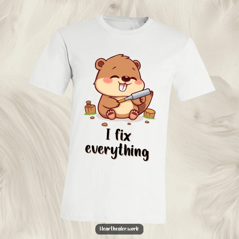 Funny Kawaii Beaver T-Shirt: A happy beaver mending with a tool, showcasing skill, joy, and humor. Great funny gift idea.
