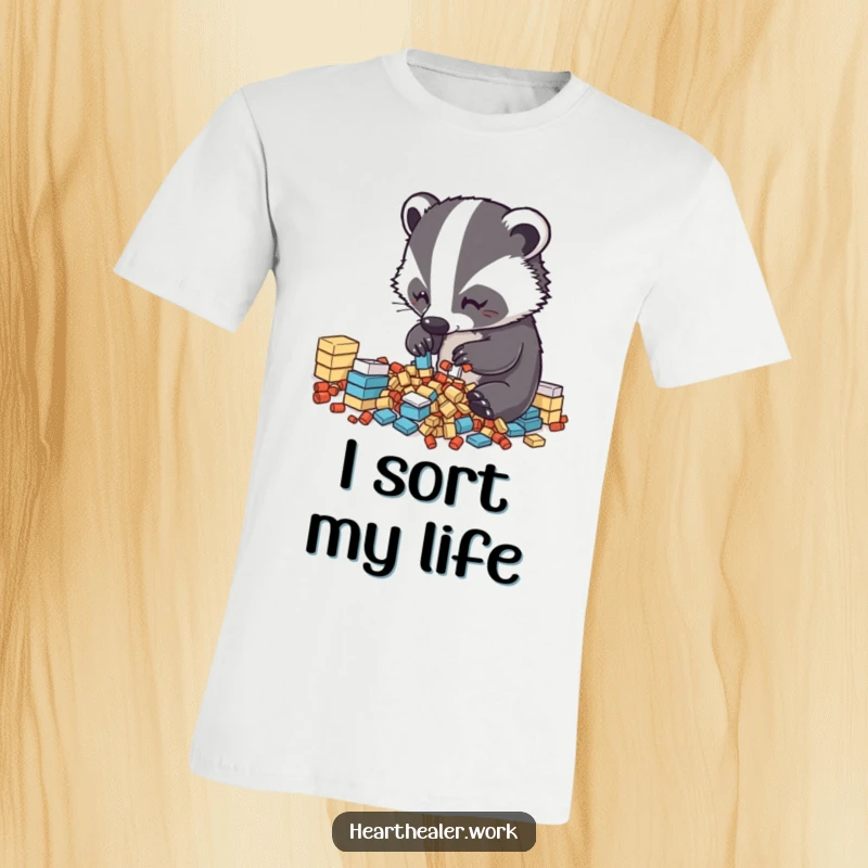 Funny Kawaii Badger T-Shirt: A focused badger sorting with precision, embodying neatness and funny charm. Great funny gift idea.