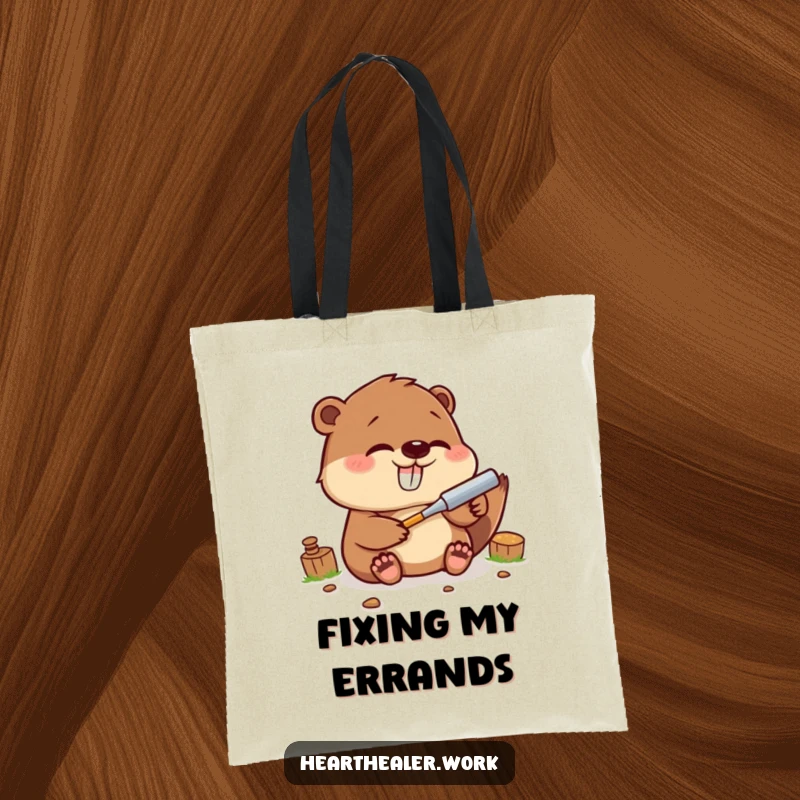 Funny Kawaii Beaver Tote Bag: A giggling beaver with a tool, perfect for carrying essentials with handy, funny flair. Great funny gift.