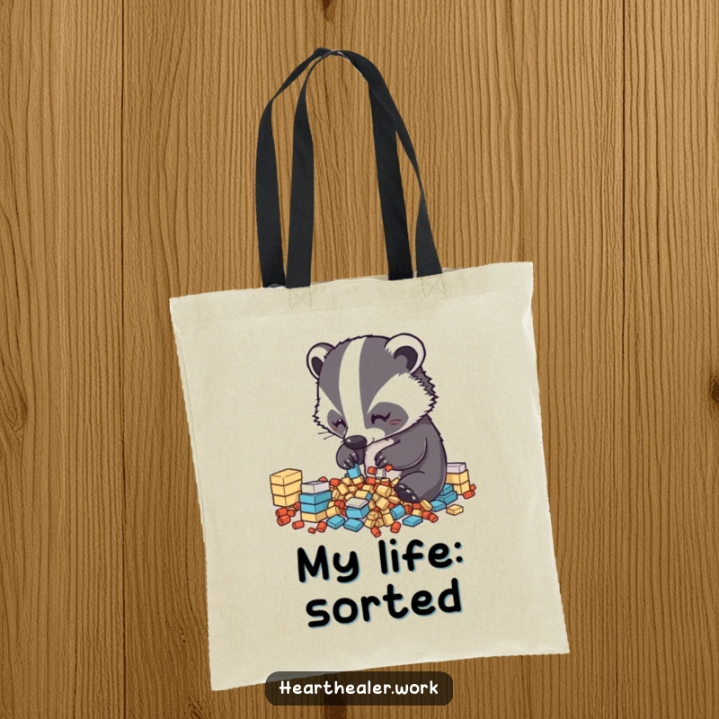 Funny Kawaii Badger Tote Bag: A diligent badger organizing items, perfect for carrying essentials with neat, funny flair. Great funny gift.
